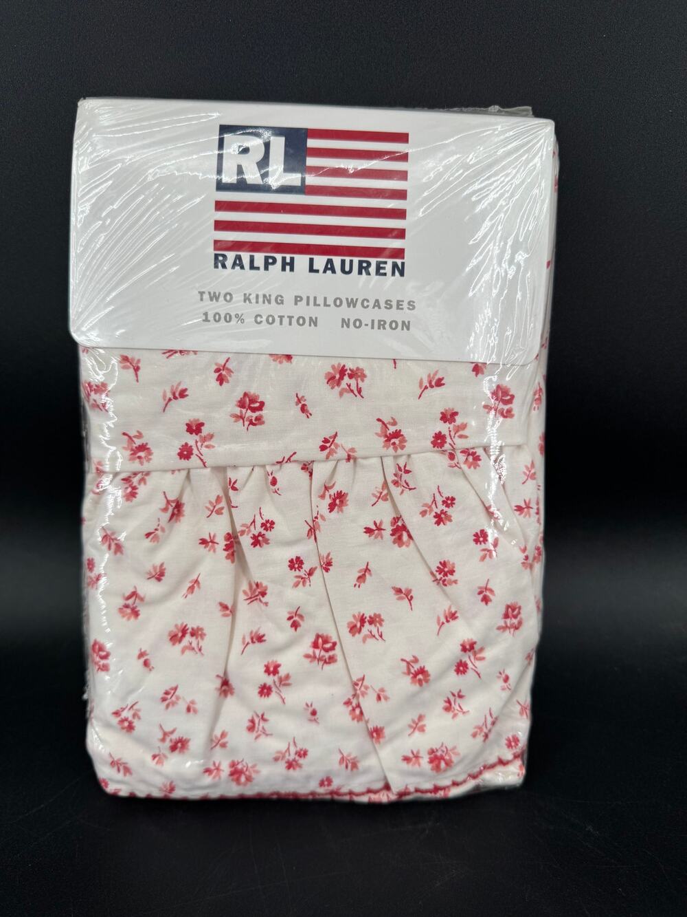 NEW Vintage Ralph Lauren Colchester Red King Pillowcases Pair Floral Ruffle NOS